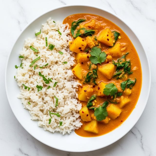 A white plate filled with two main parts: on the left, fluffy white rice with some green herbs scattered on top; on the right, a thick, orange curry sauce with chunks of cooked yellow potatoes and pieces of green spinach mixed in. The sauce is smooth and creamy with small bits of red chili flakes visible on the surface, and fresh green cilantro leaves are sprinkled over the curry. The plate sits on a white marbled texture, creating a clean and bright background. Photo taken with an iphone --ar 4:5 --v 7