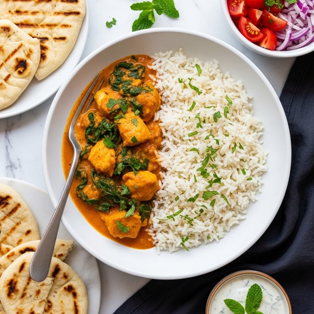 A white bowl filled halfway with plain white rice sprinkled with small green herb pieces on the right side, and a creamy orange curry with chunks of chicken and wilted dark green spinach on the left side, all mixed with bits of herb garnish on top; a silver fork rests on the left side of the bowl near the curry. Around the bowl, there are white pieces of flatbread with grill marks on a white marbled surface, a small bowl of white sauce with green mint leaves on a dark cloth below the main bowl, and a white bowl of chopped tomatoes, onions, and herbs in the background. The entire setting is on a white marbled texture. photo taken with an iphone --ar 4:5 --v 7