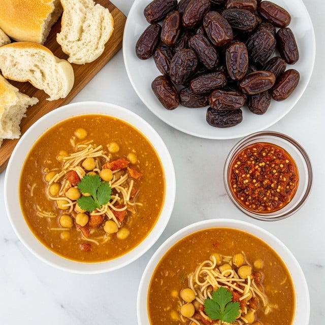 The image shows two white bowls filled with a thick, orange-brown soup containing chickpeas, thin noodles, and small pieces of tomato, each topped with a small sprig of fresh green cilantro. Next to the bowls is a small clear glass bowl holding a chunky red chili sauce with visible seeds and bits of pepper. Above the soup is a white plate piled high with dark brown, wrinkled dates. In the top left corner, pieces of white bread with a soft, airy texture rest on a wooden board. All items are placed on a white marbled textured surface. photo taken with an iphone --ar 4:5 --v 7