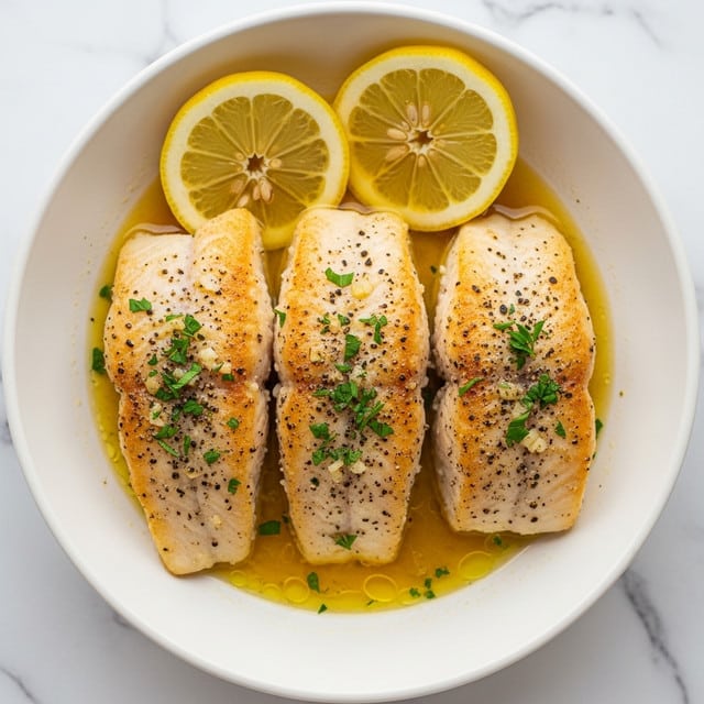 A white bowl holds three pieces of golden-brown cooked fish fillets, each seasoned with black pepper and sprinkled with finely chopped green herbs. The fish looks moist and flaky with a slight crispy texture on top. Underneath the fish, there is a light yellow sauce or broth that has a glossy, oily surface. Three lemon slices with bright yellow rinds are placed partially tucked around the fish, adding a fresh and vibrant contrast. The whole dish sits on a white marbled texture surface. photo taken with an iphone --ar 4:5 --v 7