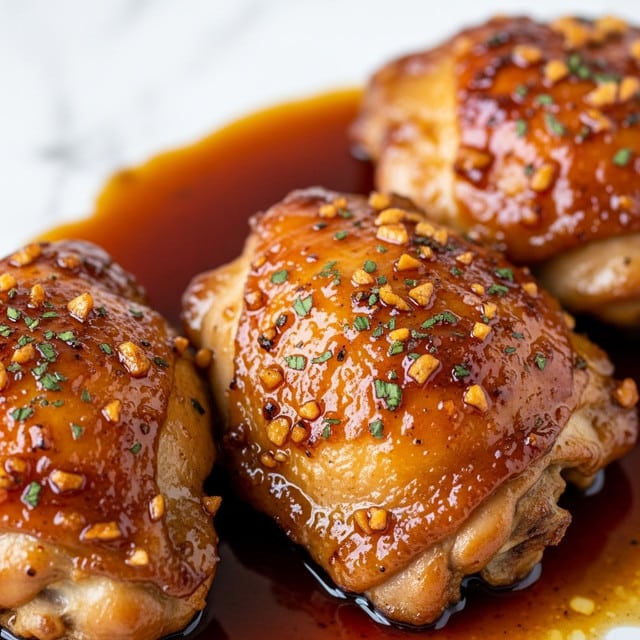 A white round plate holds two pieces of glazed chicken thighs at the left side, covered in shiny, sticky orange-brown sauce with small bits of herbs and caramelized onions scattered on top. The chicken skin looks crispy and golden with some darker caramel spots. On the right side of the plate, there is a mound of plain white rice with soft, fluffy grains. The plate is set on a white marbled surface. Photo taken with an iphone --ar 4:5 --v 7