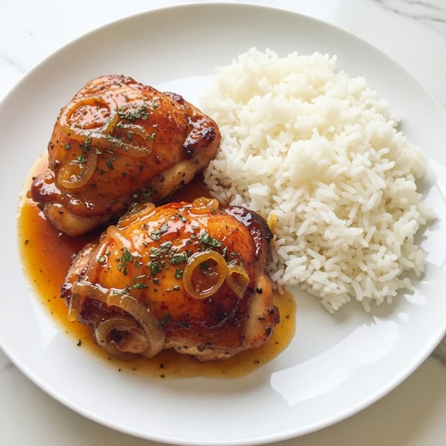 A close-up view of three pieces of cooked chicken thighs with golden-brown crispy skin covered in a shiny, sticky orange glaze. The glaze has small bits of toasted garlic and green herbs sprinkled across the surface. The chicken is sitting in a dark sauce pool, highlighting the glossy texture and the juicy inside of the meat. The background is a white marbled texture. photo taken with an iphone --ar 4:5 --v 7
