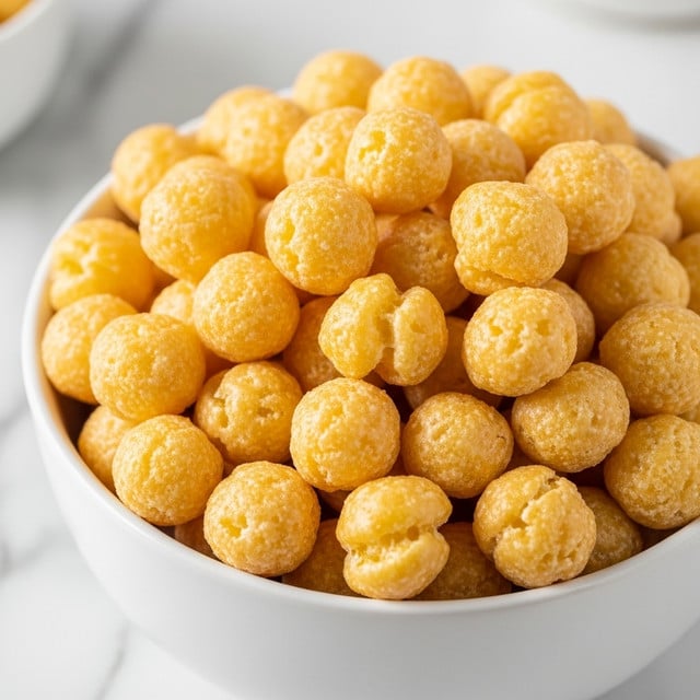 Close-up of a white bowl filled with many small, golden-yellow puffy snacks that have a light, crispy texture. Each piece is round and slightly twisted, with a soft matte surface that looks crunchy. The background is out of focus with a white marbled texture visible at the edge. photo taken with an iphone --ar 4:5 --v 7
