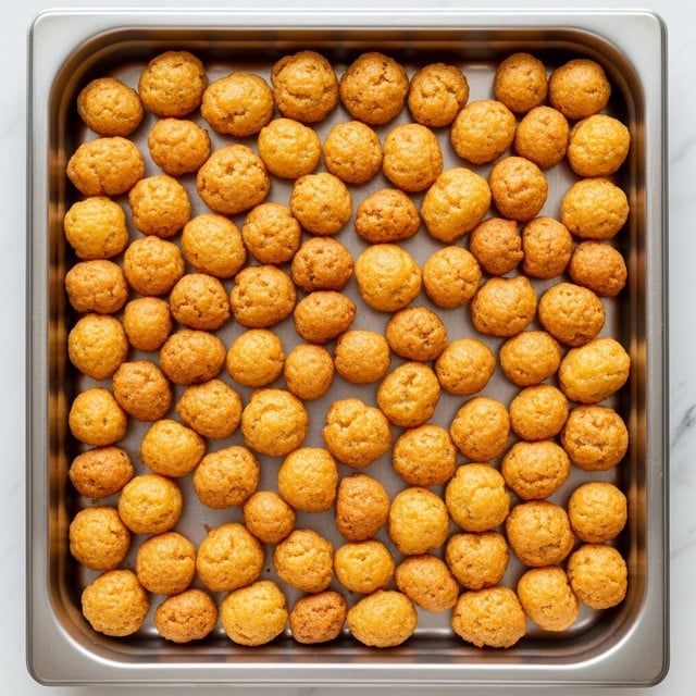 A full close-up view of a shiny metal tray filled with many small, golden brown, crispy fried snacks that have a puffed and irregular shape with a slightly rough texture. The snacks are packed tightly, covering the entire surface of the tray, showing shades ranging from light yellow to deeper golden brown, indicating a crunchy outer layer and a softer interior. The tray is placed on a white marbled surface, enhancing the warm colors of the fried pieces. Photo taken with an iphone --ar 4:5 --v 7