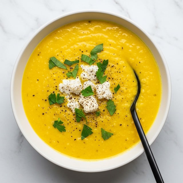 A white bowl filled with bright yellow creamy soup that has a slightly chunky texture. On top, there are small pieces of white cheese and scattered green herbs, along with a sprinkle of black pepper. A black spoon rests inside the bowl on the right side. The bowl is placed on a white marbled texture. photo taken with an iphone --ar 4:5 --v 7