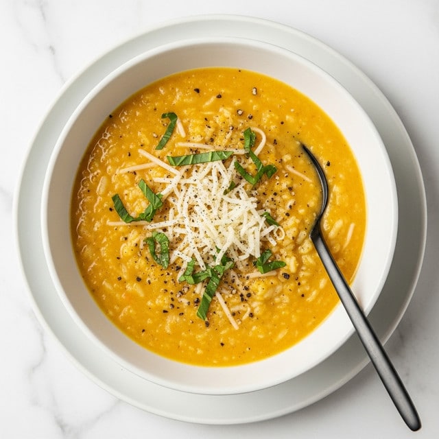 A bowl of creamy yellow-orange soup with a smooth texture and some small rice pieces mixed in, topped with thinly shredded white cheese, scattered small green herb leaves, and cracked black pepper. The soup is served in a white bowl set on a larger white plate, both placed on a white marbled surface. A black spoon rests inside the bowl on the right side. photo taken with an iphone --ar 4:5 --v 7