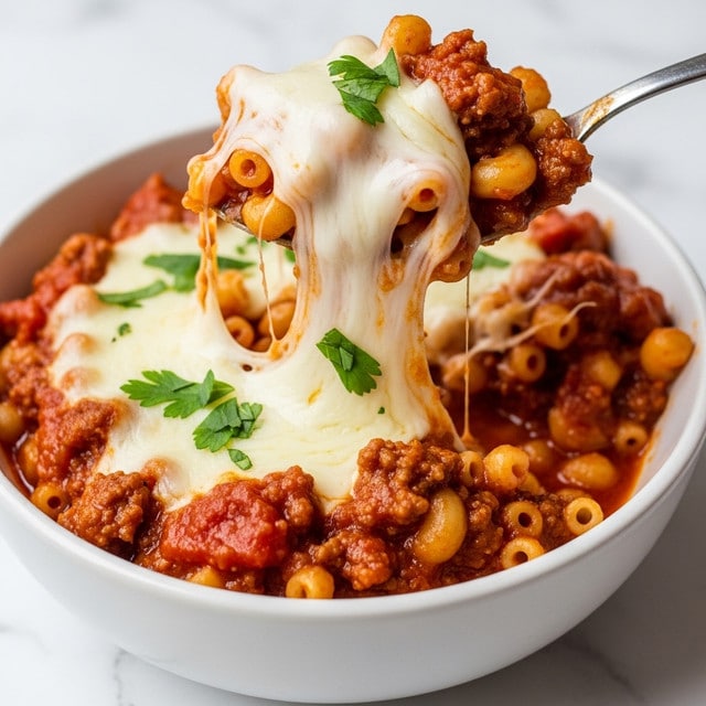 The image shows a close-up of a spoon lifting a soft, cheesy baked pasta from a white bowl placed on a white marbled surface. The dish has several layers: the bottom layer is a rich, thick red meat sauce with visible chunks of ground meat and bits of tomato, covering small macaroni pasta; the middle layer consists of gooey, melted white cheese that stretches from the bowl to the spoon; and the top layer is dotted with fresh green herbs, adding a pop of color. The sauce looks smooth but hearty, and the melted cheese is shiny and stringy, creating an inviting texture. Photo taken with an iphone --ar 4:5 --v 7