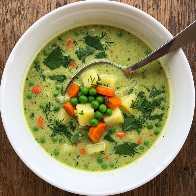 A white bowl filled with creamy green soup is shown from above, with a large metal spoon resting inside. The soup has visible chunks of orange carrots, light yellow potatoes, and green peas scattered evenly throughout. Green herbs are sprinkled over the surface, adding texture and color. The bowl is placed on a wooden table with a rustic style. photo taken with an iphone --ar 4:5 --v 7