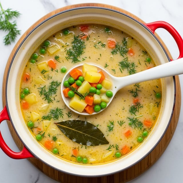 A white pot with red handles filled with a creamy light yellow soup that has small pieces of orange carrot, yellow potato, and green peas evenly spread throughout. The soup is dotted with finely chopped green herbs and a large dark green bay leaf is visible near the bottom. A white ladle is inside the pot, lifting a portion of the soup showing the bright colors of the vegetables and fresh herbs clearly. The pot sits on a wooden surface changed to a white marbled texture. photo taken with an iphone --ar 4:5 --v 7
