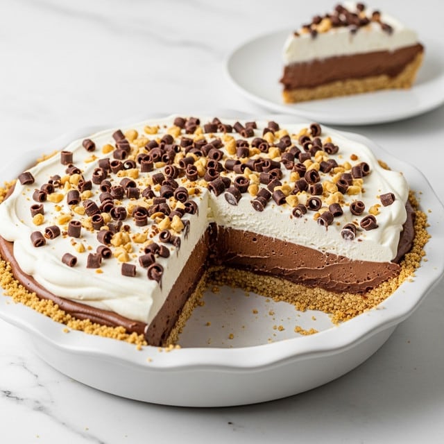 The image shows a creamy layered pie in a white pie dish on a white marbled surface. The pie has a crumbly, light brown crust at the bottom, followed by a thick, smooth, dark chocolate layer in the middle. Above the chocolate is a thick layer of white whipped cream, topped with small brown chocolate curls and chopped nuts scattered evenly across the surface. A slice is missing, revealing the layers clearly. In the background, a white plate holds a slice of the same pie. Photo taken with an iphone --ar 4:5 --v 7
