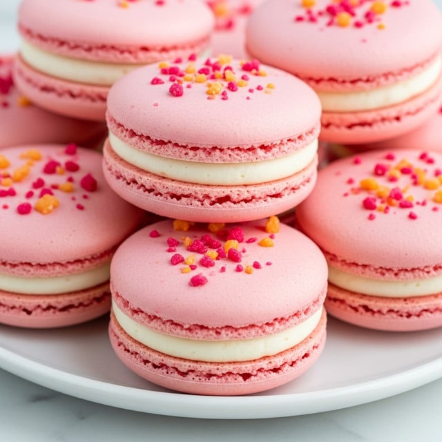 The image shows a close-up of several light pink macarons stacked closely together on a white plate, placed on a white marbled surface. Each macaron has two smooth, slightly shiny light pink cookie shells with a soft, creamy white filling sandwiched in between. The cookies have a delicate texture with a slightly rough edge. The top of each macaron is sprinkled with small, colorful crumb-like bits in shades of pink and orange, adding a textured contrast. The macarons appear soft and delicate, arranged with a few stacked on top of others, showing their round shape clearly. photo taken with an iphone --ar 4:5 --v 7