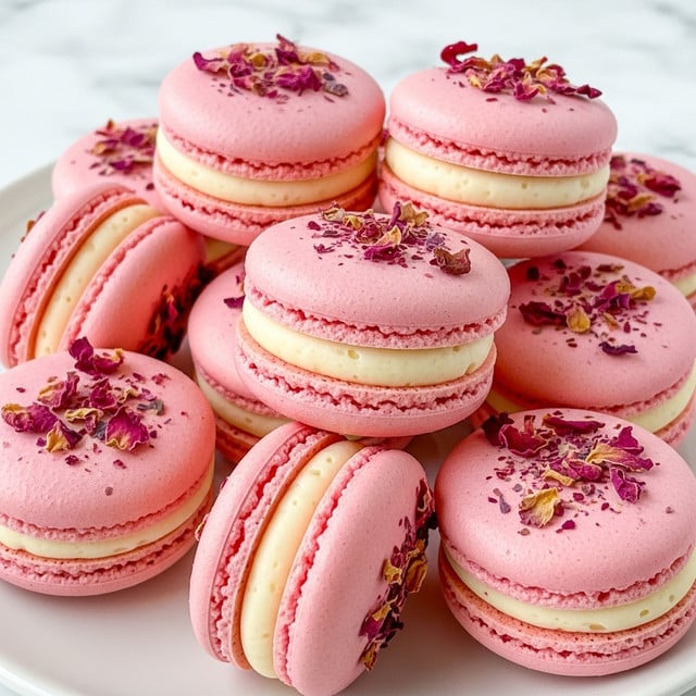 The image shows a group of light pink macarons piled on a white plate with a white marbled surface in the background. Each macaron has two smooth, slightly shiny pink shells with a +3 mm thick creamy off-white filling in the middle. The top shells of the macarons are sprinkled with small, colorful bits of dried rose petals in pink, purple, and orange shades. The macarons are closely arranged, showing some slightly rough edges around the filling. photo taken with an iphone --ar 4:5 --v 7