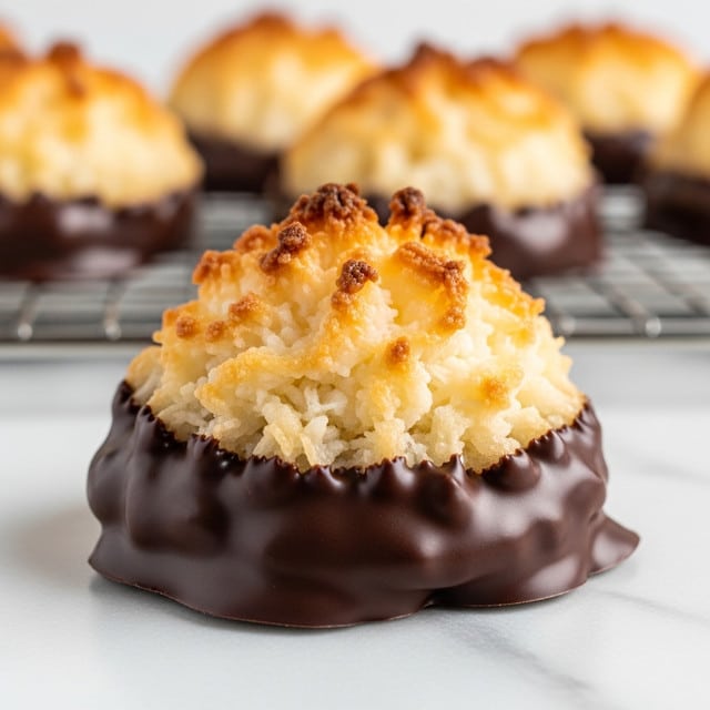 The image shows a close-up of a coconut macaroon with two main layers. The top layer is a golden-brown, toasted coconut mound, flaky and textured with some coconut strands slightly darker at the tips, giving a crunchy appearance. The bottom layer is a smooth, dark chocolate coating that partially covers the base of the coconut mound, glossy and thick, dripping slightly onto the white marbled surface beneath a cooling rack. In the background, there are a few more macaroons, softly blurred, resting on the same cooling rack over the white marbled surface. photo taken with an iphone --ar 4:5 --v 7