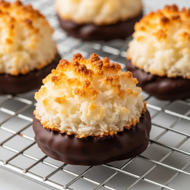 The image shows three coconut macaroons resting on a cooling rack, each macaroon made in two layers: the bottom layer is a thick, shiny, dark brown chocolate coating with a smooth texture, and the top layer is a mound of shredded coconut that is golden brown on the edges, soft, and fluffy in the center. The coconut layer has a rough, spiky texture with toasted tips, sitting like a dome on top of the chocolate base, creating a contrast between the dark, glossy chocolate and the light, crispy coconut. The setting has a white marbled texture underneath the rack. Photo taken with an iphone --ar 4:5 --v 7