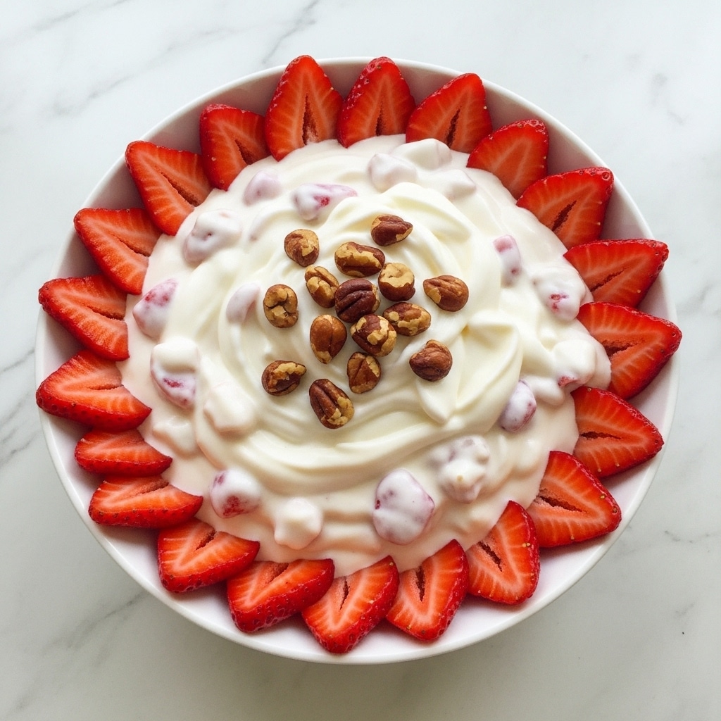 A white bowl filled with a mixture of creamy white whipped topping blended with small pieces of red strawberries, topped with halved red strawberries placed around the edges, and small clusters of chopped brown nuts scattered on top. The bowl sits on a white marbled surface. Photo taken with an iphone --ar 4:5 --v 7