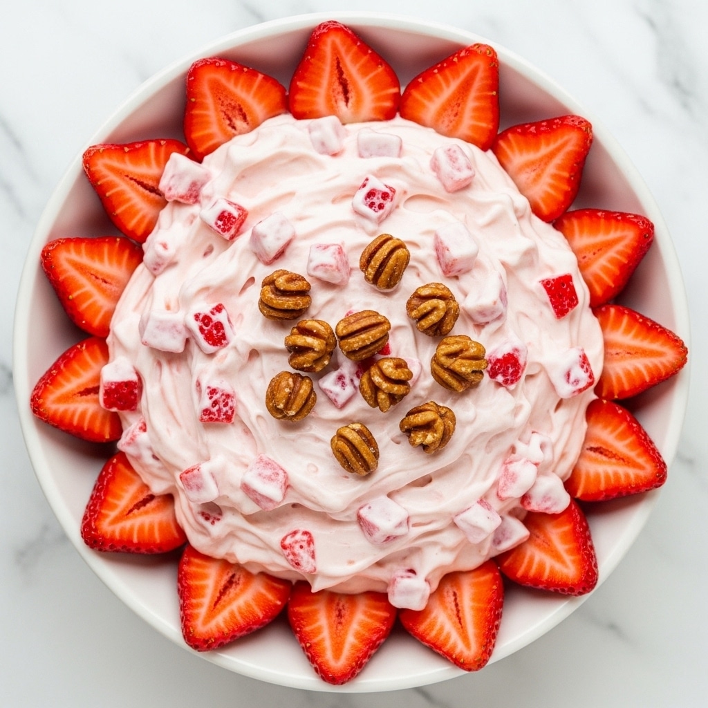 A white bowl filled with a thick layer of creamy white yogurt mixed with small red strawberry pieces. On top of this creamy layer, there are some small, shiny brown nut pieces scattered around. Surrounding the yogurt mix, there is a ring of bright red, fresh strawberry slices neatly placed along the edge of the bowl. The bowl is placed on a white marbled surface. photo taken with an iphone --ar 4:5 --v 7