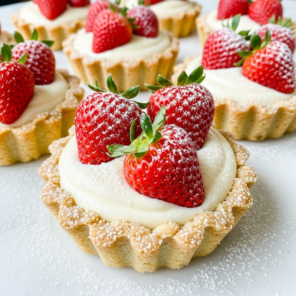 This image shows several small tartlets each with three layers: a light golden brown, ridged crust as the base; a smooth, pale cream filling that fills the tart shell just below the edge; and three bright red berries on top, made of two ripe raspberries and one strawberry with the green leaf attached, all dusted lightly with white powdered sugar. The tartlets sit on a white marbled surface with powdered sugar sprinkled around, creating a soft and clean background. photo taken with an iphone --ar 4:5 --v 7