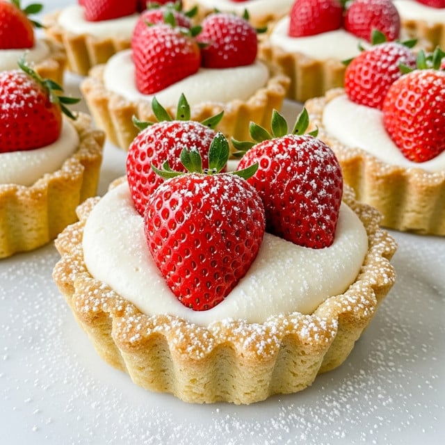 The image shows multiple small tartlets on a white marbled surface. Each tartlet has a fluted light golden crust forming the base and sides. Inside, a thick, smooth, pale cream filling fills the crust almost to the top. Three bright red strawberries with green leafy tops sit on the cream in the center of each tartlet. A light dusting of powdered sugar covers the strawberries, cream, and crust edges, adding a frosty look. The texture of the crust is crumbly with slight ridges, while the cream looks soft and creamy. The overall scene is bright with focused close-ups on the front tartlet. photo taken with an iphone --ar 4:5 --v 7
