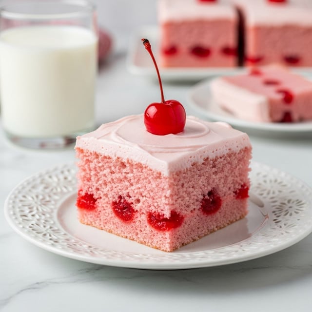 A single square piece of cherry cake sits on a white plate with a delicate floral pattern, placed on a white marbled surface. The cake has one visible layer of soft, light pink sponge cake with embedded bright red cherry pieces spread evenly throughout. On top, there is a smooth, pale pink frosting layer, even and slightly thick, with a shiny red cherry with a stem placed neatly in the center. In the background, a glass of milk and a blurred slice of the same cake can be seen. The photo taken with an iphone --ar 4:5 --v 7