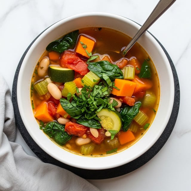 A bowl of vegetable soup with clear brown broth filled with colorful chunks like orange sweet potato, green zucchini, pale celery, red tomato, white beans, and leafy spinach, all mixed and garnished with chopped green herbs on top. The soup is served in a white bowl set on a dark round coaster against a white marbled surface. A silver spoon rests inside the bowl. A soft light gray cloth is partly visible in the lower left corner. Photo taken with an iphone --ar 4:5 --v 7