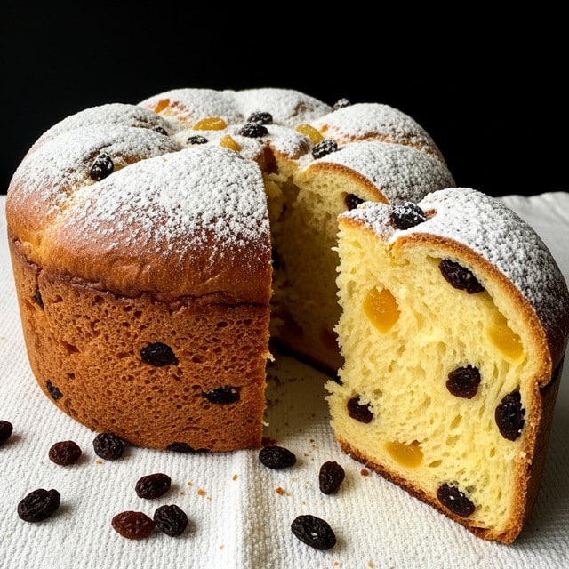 A thick round loaf of bread with a golden brown crust dusted with white powdered sugar on top, one large slice cut out revealing its soft, fluffy yellow interior with scattered dark raisins and small pieces of yellow fruit inside. The bread sits on a white textured cloth, with a few raisins spread around it. The background is a clean black, creating contrast with the warm colors of the bread. photo taken with an iphone --ar 4:5 --v 7