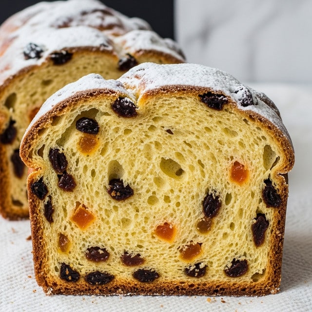 The image shows a thick slice of fruit bread with one large piece in the background. The bread has a golden-brown crust coated lightly with white powdered sugar. Inside, the bread is a soft yellow color and dotted generously with dark brown raisins and small orange pieces of candied fruit. The texture looks airy but dense, with the crust slightly rough and the inside smooth. The bread rests on a white textured cloth, and the background is a white marbled texture with a dark area behind the bread. photo taken with an iphone --ar 4:5 --v 7