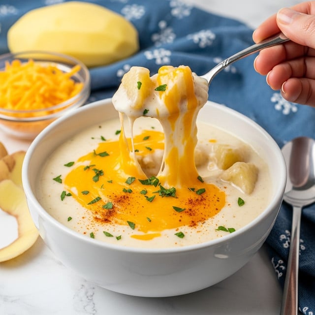A white bowl filled with creamy white soup that has a thick texture, topped with melted bright yellow cheese and sprinkled green herbs. A woman's hand holding a spoon lifts a spoonful of the soup showing soft chunks inside with the cheese stretching from the bowl. Some orange-red spice powder is visible on the soup surface. The bowl sits on a surface with a white marbled texture, with a peeled potato and a blue cloth with white patterns in the background. A small glass bowl of shredded yellow cheese sits nearby. Photo taken with an iphone --ar 4:5 --v 7