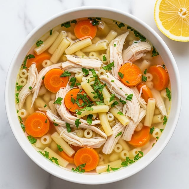 The image shows a white bowl filled with chicken soup, featuring shredded white chicken pieces mixed with small orange carrot slices and short, thin pasta pieces all submerged in clear broth. Finely chopped green herbs are sprinkled evenly on top, adding color contrast. The bowl is placed on a white marbled surface with a partially visible lemon wedge nearby. Photo taken with an iphone --ar 4:5 --v 7