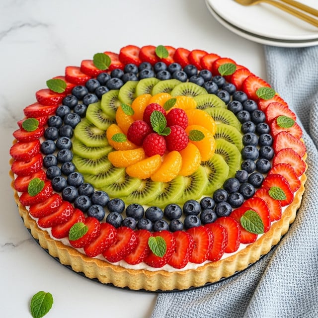 A round fruit tart with four visible layers: the base is a light golden crust with a smooth edge, covered by a white creamy filling. On top of this cream, there is a first layer of closely placed red strawberry slices forming a ring along the edge. Inside this ring, a circle of evenly spaced dark blue blueberries creates the second layer. The third layer features overlapping bright green kiwi slices arranged in a circle inside the blueberries. Finally, the center has a small pile of red raspberries surrounded by a layer of bright orange mandarin segments. Small green mint leaves are placed sporadically on the strawberries and in the center for contrast. The tart sits on a white marbled surface with a blue textured cloth nearby, and a white plate with gold utensils is partly visible at the top right. photo taken with an iphone --ar 4:5 --v 7