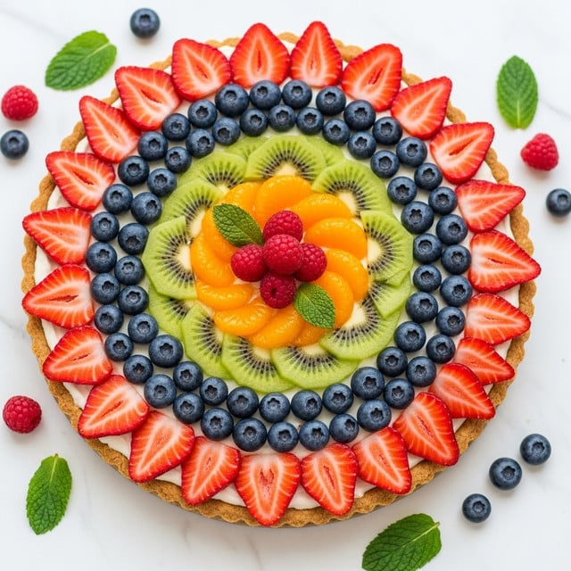 A round fruit tart sits on a white marbled surface, featuring a golden crust as the base layer. On top, a smooth cream layer is spread evenly. Arranged in neat circles are bright red strawberry slices forming the outer ring, followed by a circle of green kiwi slices, then a ring of plump blue blueberries. Close to the center, there is a ring of vibrant orange mandarin segments, with a small cluster of red raspberries on top in the middle. Fresh green mint leaves are placed between the fruit layers for decoration. A few loose berries and mint leaves surround the tart. Photo taken with an iphone --ar 4:5 --v 7