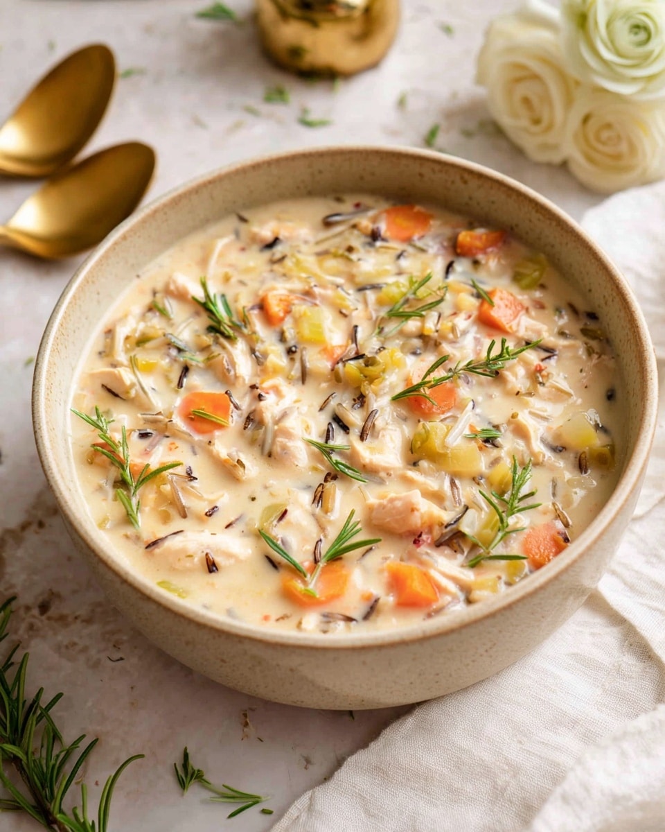 A white bowl holds a creamy soup filled with layers of soft, pale beige broth mixed with chunks of orange carrots, light green celery, and tender pieces of white chicken. Small, dark grains of rice peek through the thick soup, along with sprinkled green rosemary leaves adding a fresh touch. The soup fills most of the bowl with a slightly glossy surface. Nearby, golden brown fried bread pieces rest on a white bowl, while a white marbled texture surface supports the dishes. A small wooden container with a white flower and a shiny gold ladle complete the setting, all softly lit. Photo taken with an iphone --ar 4:5 --v 7