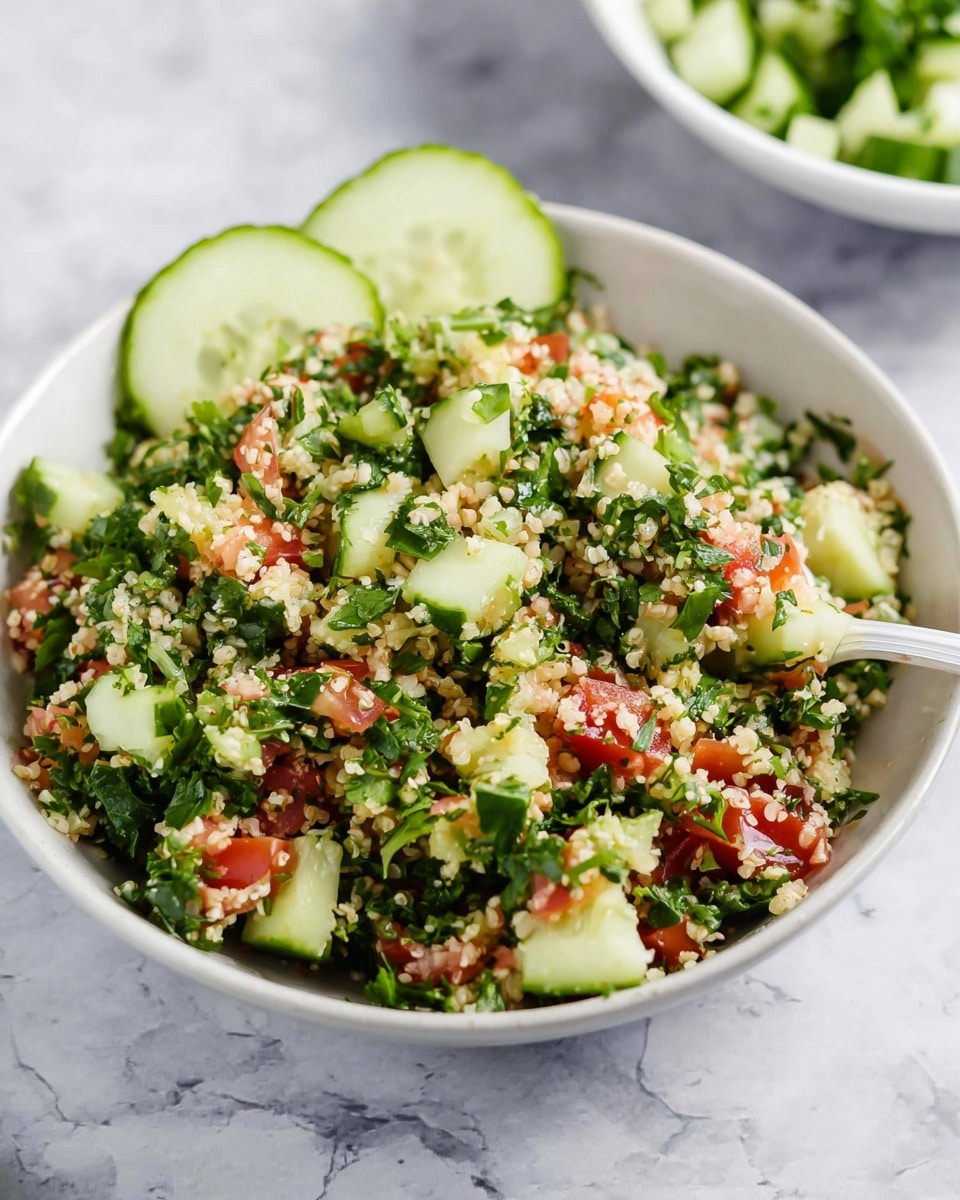 A white bowl filled with a colorful tabbouleh salad, showing three main layers with finely chopped green parsley and mint on top, small beige bulgur wheat grains mixed throughout, and diced red tomatoes and light green cucumbers layered evenly inside. A few cucumber slices sit on the surface for decoration. A white spoon with a silver tip holds a portion of the salad above the bowl, and a white flower rests on the side near a bright yellow lemon wedge. The bowl is placed on a white marbled surface photo taken with an iphone --ar 4:5 --v 7