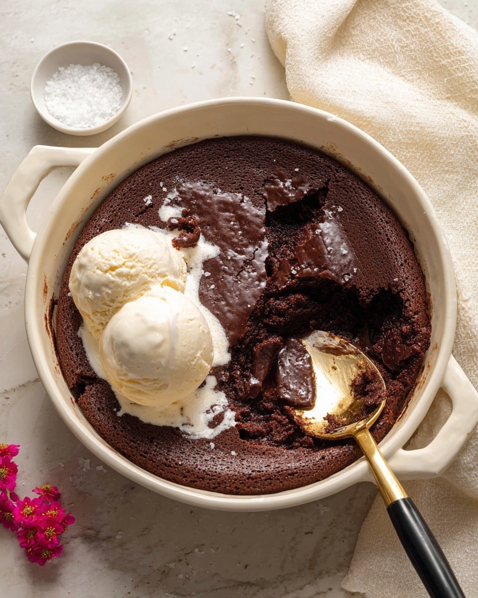 A white oval baking dish holds a freshly baked chocolate brownie with a cracked, thin, and slightly crispy top layer in dark brown. The brownie inside looks moist and fudgy with a dense, rich texture that is darker and more glossy than the top. A golden spoon with a black handle is scooping a generous portion from the middle, lifting the soft inner layers. The baking dish is set on a white marbled surface with small purple flower petals to the side and a beige cloth partially visible at the top. Photo taken with an iphone --ar 4:5 --v 7