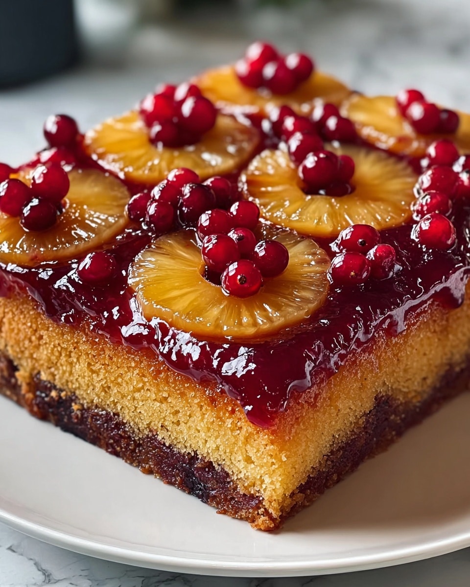 A square piece of cake has three clear layers, starting from the bottom with a dark brown, dense-looking base. Above it is a thick middle layer in a golden brown color, soft and moist in texture. The top layer is a shiny, red glaze filled with whole red berries and round pineapple slices, all covered with a glossy finish that makes the fruits look fresh and juicy. The cake sits on a white plate over a white marbled surface. photo taken with an iphone --ar 4:5 --v 7