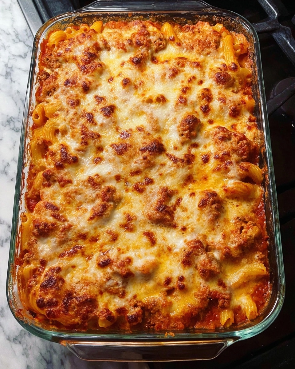 A clear glass baking dish filled with a baked pasta casserole. The bottom layer holds pasta shells coated in a rich red tomato sauce mixed with ground meat. The top is covered with a thick, golden layer of melted cheese that is bubbly and slightly browned in spots. The edges show some browned cheese crust, and the casserole looks hot and ready to serve. The dish sits on a stove with dark burners, contrasting the glass container. photo taken with an iphone --ar 4:5 --v 7
