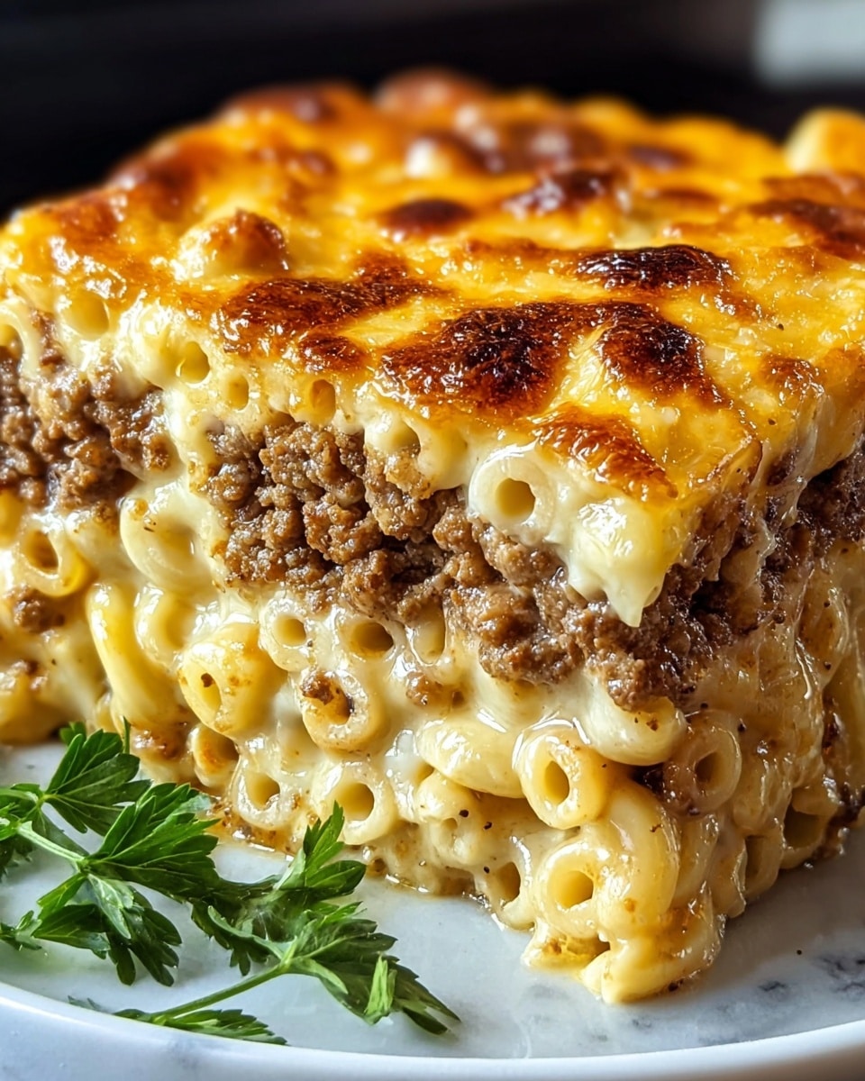 A close-up view of a thick, square slice of baked casserole sitting on a white plate, placed on a white marbled surface. The dish shows three main layers: the bottom layer is curly macaroni pasta coated in a creamy, pale yellow cheese sauce, the middle layer is crumbled cooked ground beef with bits of translucent white onion mixed in, and the top layer is a bright orange, slightly browned melted cheddar cheese crust that is bubbly and shiny. Small green parsley leaves are placed around the plate as garnish, and the melted cheese drips slightly over the edges. Photo taken with an iphone --ar 4:5 --v 7