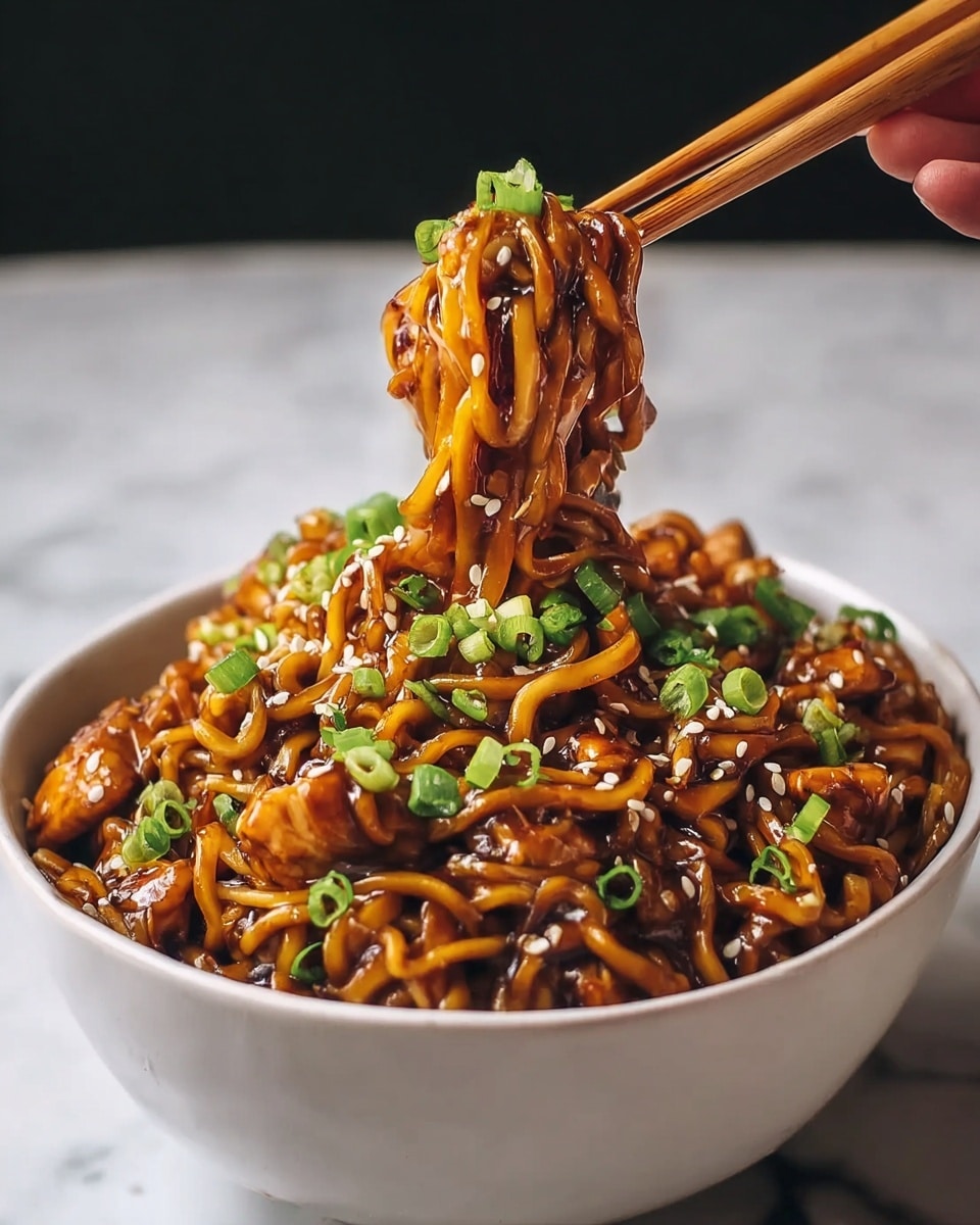 A white bowl filled with shiny, dark brown saucy noodles mixed with small pieces of cooked chicken, topped with bright green chopped spring onions and white sesame seeds scattered on top. A woman's hand holding wooden chopsticks lifts a clump of the glossy noodles above the bowl. The background and surface are a white marbled texture. photo taken with an iphone --ar 4:5 --v 7