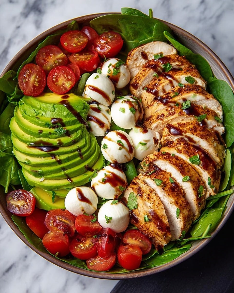 A bowl filled with fresh green spinach leaves forms the base layer, topped with neatly sliced grilled chicken breast arranged in a curved line on the right side, showing a golden brown, slightly charred texture and garnished with small green herb bits. On the left side, there are slices of creamy green avocado fanned out neatly, with small white mozzarella balls placed both above the avocado and scattered on the greens. Bright red cherry tomatoes, some halved and some whole, are placed along the top and bottom edges of the bowl. A dark balsamic glaze is drizzled over the mozzarella balls, avocado, and chicken, adding a glossy finish. The bowl sits on a white marbled surface. photo taken with an iphone --ar 4:5 --v 7