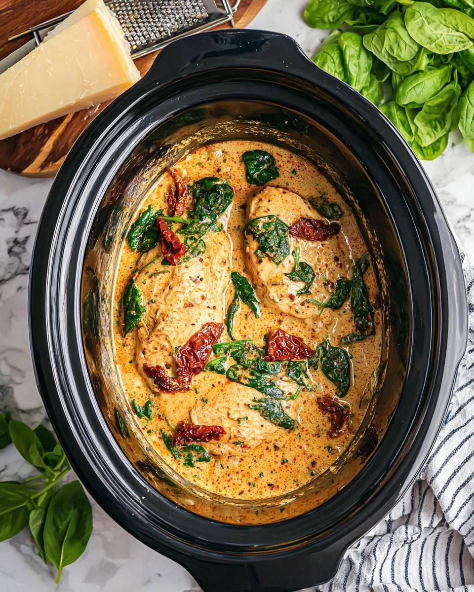 The image shows a black slow cooker filled with a creamy dish containing four layers of cooked chicken breasts in a light orange sauce. The sauce is thick and smooth with visible herbs and spices. Scattered throughout the dish are vibrant red sun-dried tomatoes and fresh green spinach leaves, adding color contrast and texture. The slow cooker is placed on a white marbled surface with fresh spinach leaves and a chunk of parmesan cheese nearby. A striped cloth and a woman’s hand holding a wooden spoon are partially visible at the edges. Photo taken with an iphone --ar 4:5 --v 7