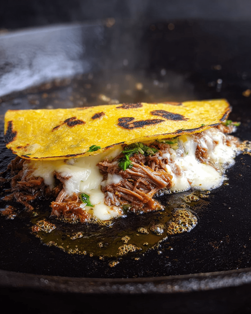 A golden yellow, slightly crispy folded tortilla forms the top layer with visible char marks, underneath which is a layer of shredded brown meat with a moist texture and bits of green herbs mixed in; this sits on a bubbling layer of melted white cheese that spreads unevenly onto the hot black surface of the pan, with small golden oil bubbles around it, giving a fresh cooked look. photo taken with an iphone --ar 4:5 --v 7