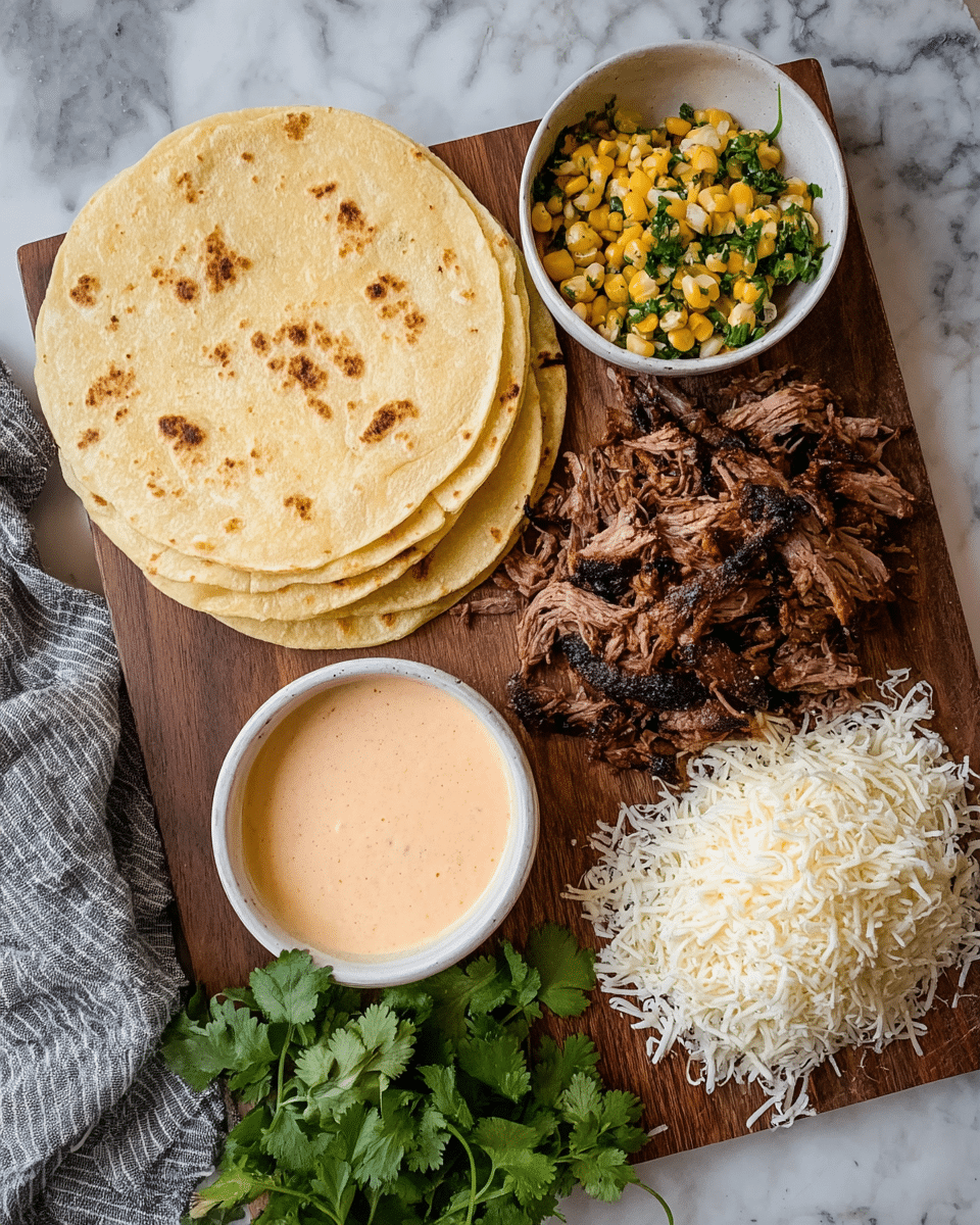 The image shows three small tostadas on a wooden board with a white marbled surface below. Each tostada has a crispy yellow corn tortilla base. On top, there is a layer of melted cheese followed by a generous amount of grilled, slightly charred beef pieces. Above the beef, there is a fresh mix of lightly grilled yellow corn kernels and diced red and green bell peppers. The tostadas are finished with a creamy light pink sauce drizzled all over, adding a smooth texture. In the background, a white bowl holds additional corn and bell pepper mix. photo taken with an iphone --ar 4:5 --v 7