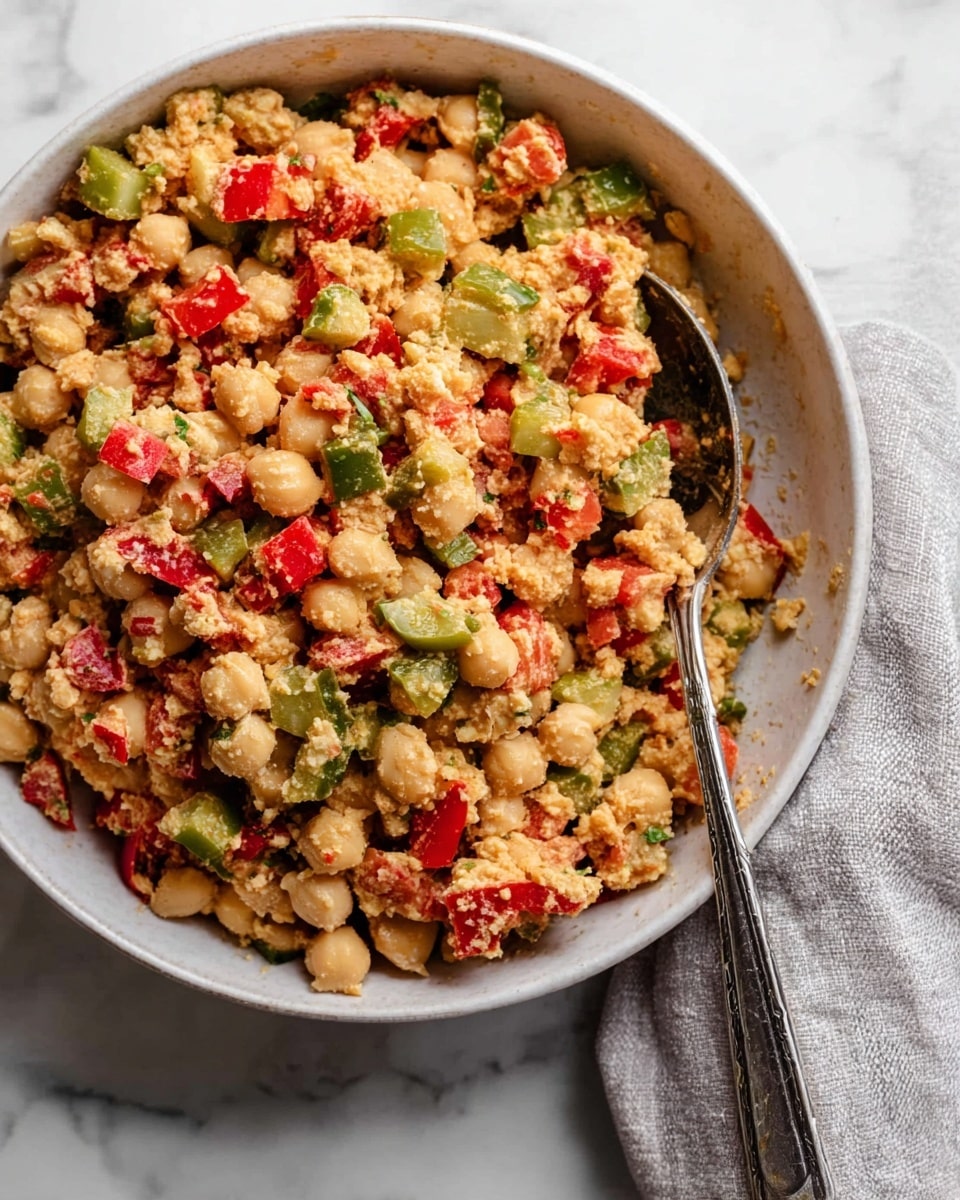 A round white bowl filled with a colorful chickpea salad, where the main layer is made of crushed light beige chickpeas mixed with small chunks of bright red bell peppers and green celery pieces, creating a rough and chunky texture throughout. A silver spoon is partially buried in the salad on the right side of the bowl. The bowl is placed on a white marbled surface alongside a beige cloth napkin and partially visible stacked white speckled plates. Photo taken with an iphone --ar 4:5 --v 7