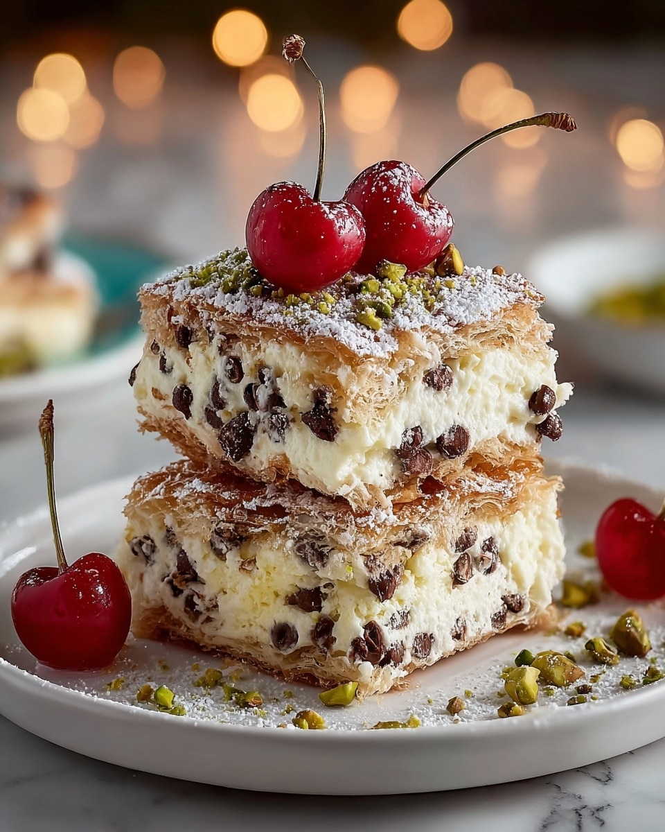 Two square pieces of dessert stacked on a white plate set on a white marbled surface. Each piece has three visible layers: a middle creamy layer speckled with chocolate chips, surrounded by two light, flaky golden brown layers. The top flaky layer is covered with powdered sugar, scattered chocolate chips, and chopped green pistachios. Two bright red cherries with stems rest on the plate beside the stacked dessert pieces, with some powdered sugar and pistachio crumbs sprinkled around. The background is softly blurred with warm light bokeh. photo taken with an iphone --ar 4:5 --v 7