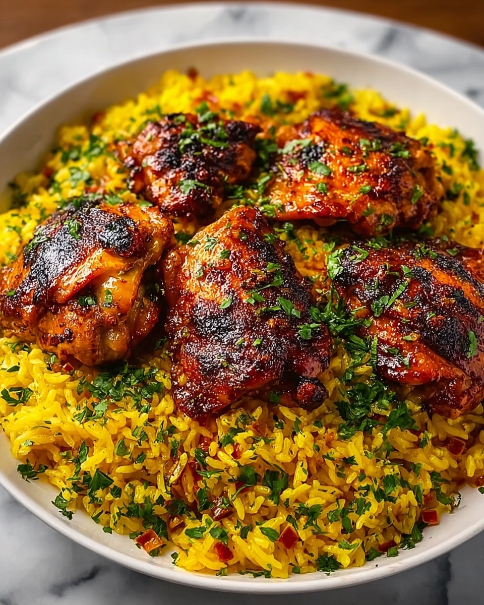 A white shallow bowl holds a bed of bright yellow rice with flecks of red chili and green herbs mixed throughout, creating a colorful base layer. On top, four pieces of grilled chicken thighs sit, each showing a rich, dark brown char with black grill marks and a shiny glaze that hints at a spicy sauce. Fresh chopped green herbs are sprinkled over the chicken and rice, adding contrast and a fresh look. The setting includes a white marbled textured surface underneath the bowl. photo taken with an iphone --ar 4:5 --v 7