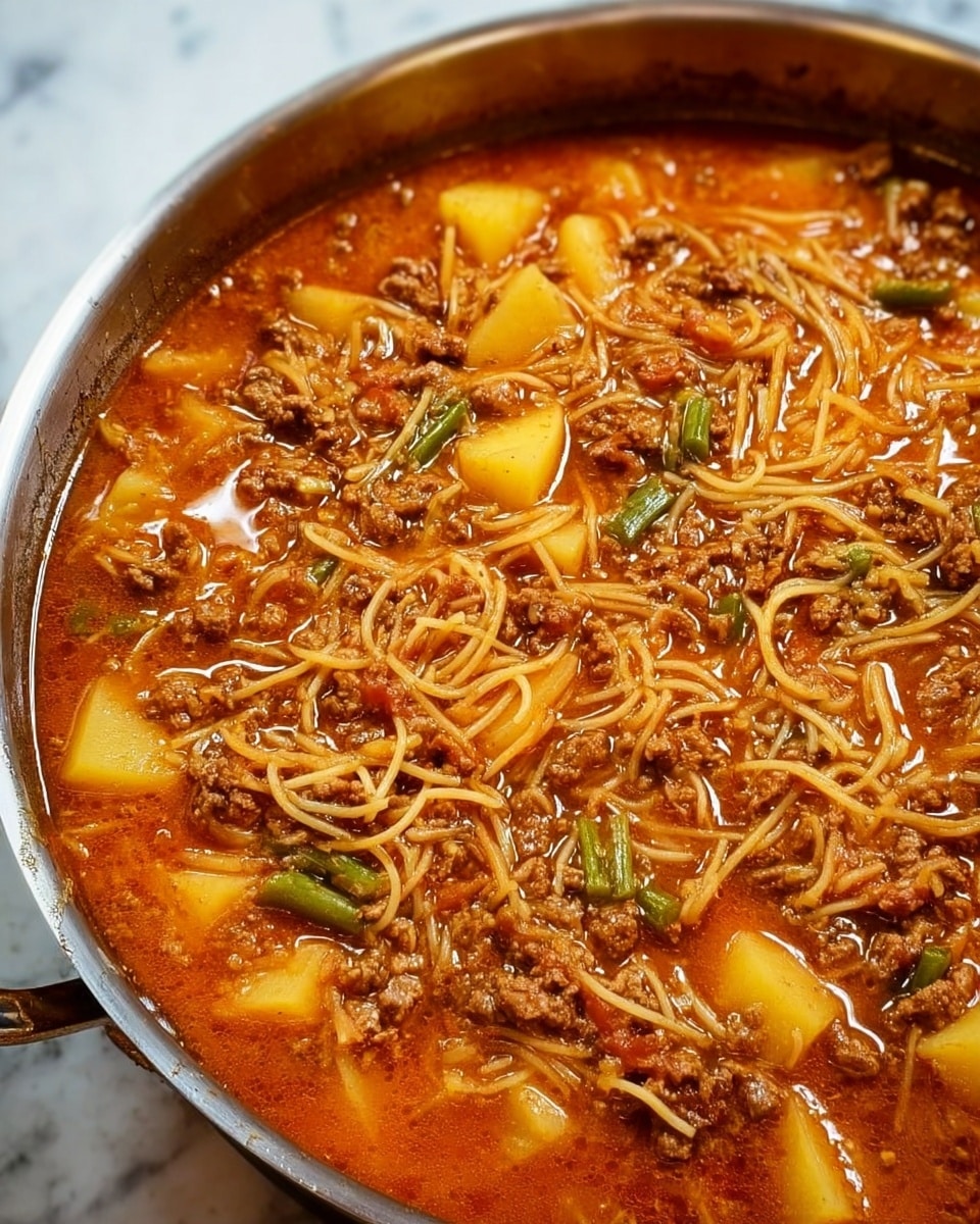 A close-up view of a large silver pan filled with a thick, hearty stew. The dish has a rich reddish-orange broth base full of visible layers of ingredients, including chunky light yellow potato cubes, browned minced meat, and thin light brown noodles spread evenly throughout. There are also small green vegetable pieces scattered across the stew, adding a mix of colors and textures. The stew looks hot and well-cooked with a slightly oily surface, giving it a glossy finish. The photo was taken on a white marbled surface. photo taken with an iphone --ar 4:5 --v 7