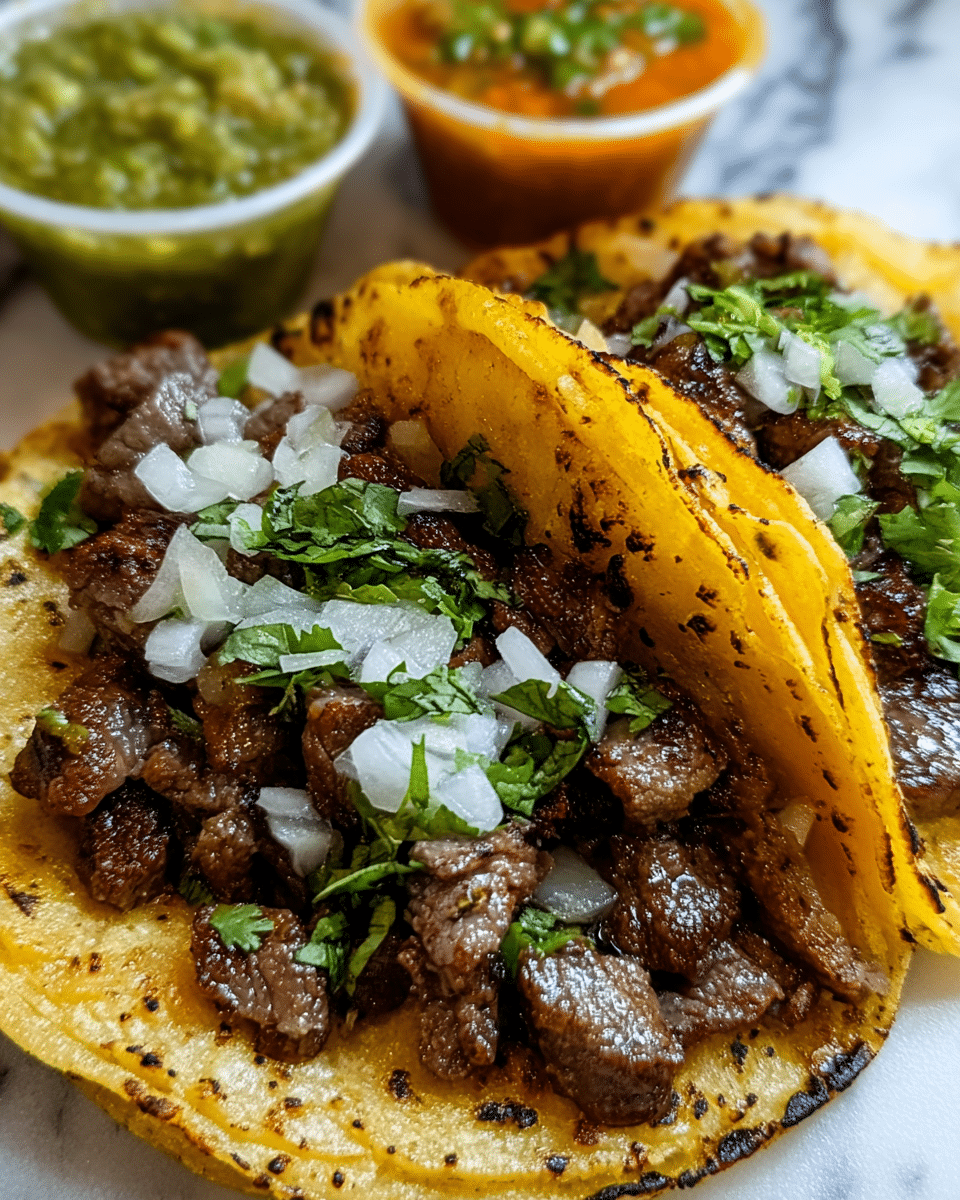 Two tacos are shown on a white plate resting on a white marbled surface. Each taco has two yellow corn tortillas as the base layer, soft with slight charring. On top of the tortillas, there is a generous layer of small, grilled brown meat pieces, slightly glossy from cooking. The meat is covered with small, white chopped onions and green cilantro scattered evenly over both tacos. In the background, there are two small clear plastic containers: one with green salsa and the other with orange salsa garnished with bits of green herbs. Photo taken with an iphone --ar 4:5 --v 7
