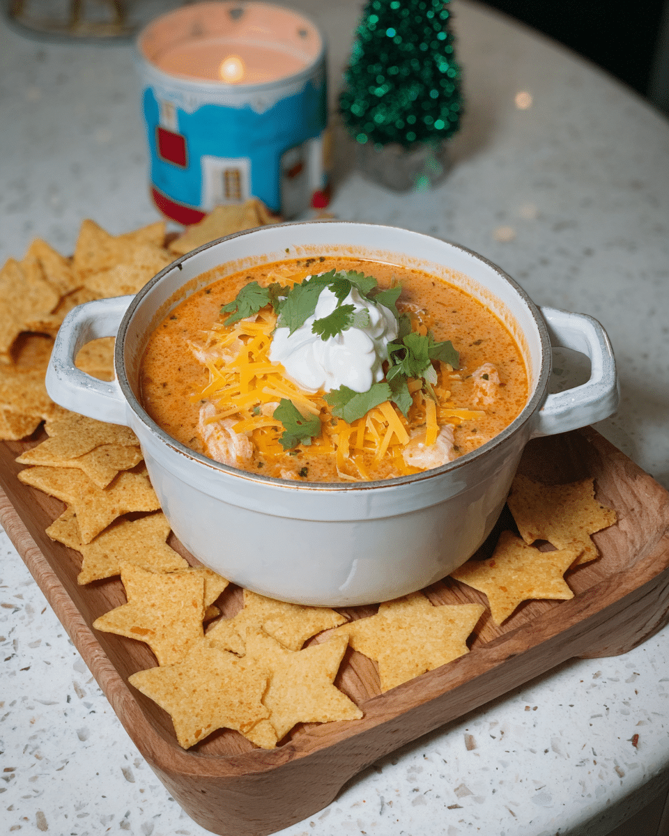 A small white pot with two handles sits on a wooden board and holds a creamy orange soup with visible chunks of chicken; on top, there is a layer of shredded yellow cheese with a dollop of white sour cream and a sprinkle of green cilantro leaves, surrounded on the board by light brown, star-shaped crunchy chips; in the background, there is a blue candle with a house pattern and two small green Christmas tree decorations, all set on a white marbled surface. photo taken with an iphone --ar 4:5 --v 7