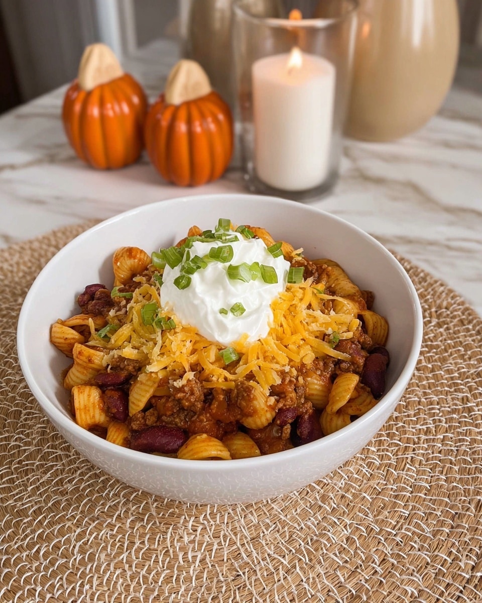 A white bowl filled with shell pasta mixed with a rich chili sauce containing red kidney beans and ground meat, topped with a generous layer of shredded orange cheddar cheese, a dollop of white sour cream in the center, and small chopped green onions sprinkled lightly on top. The bowl sits on a woven beige mat on top of a wooden table with a white marbled texture background, surrounded by two small pumpkin decorations, a white candle, and a brown curly decor piece. Photo taken with an iphone --ar 4:5 --v 7