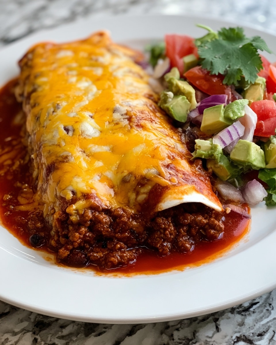 A large burrito on a white plate sits on a white marbled surface, covered with a rich brown sauce and melted orange and white cheese on top, creating a glossy layered effect. The burrito is stuffed with chunky ground meat and dark red beans, visible at one end spilling slightly onto the plate, along with small chunks of green avocado. Around the burrito, fresh lettuce and diced red tomatoes add green and red colors, giving a fresh contrast to the warm tones of the burrito. The textures range from soft and melted cheese to crunchy fresh vegetables on the sides. photo taken with an iphone --ar 4:5 --v 7