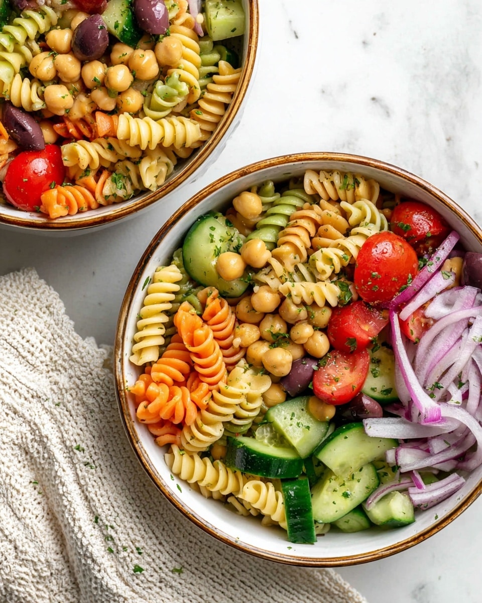 A white bowl with a brown rim is filled with tri-color rotini pasta layers in green, orange, and beige. Mixed with the pasta, there are small chickpeas scattered throughout, bright red halved cherry tomatoes, chopped green bell peppers, thick slices of cucumber with dark green skin, and pieces of purple onion. Some dark purple olives and small sprigs of parsley are spread on top. A vintage silver fork rests inside the bowl against the right edge. The bowl sits on a white marbled surface, and light beige cloth is partially visible in the top right corner. Photo taken with an iphone --ar 4:5 --v 7